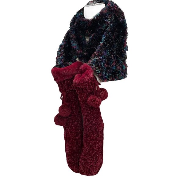 Cozy Chenille Pom Pom Slipper Socks And Multicolor Fuzzy Scarf Set Winter Gift - Picture 6 of 9